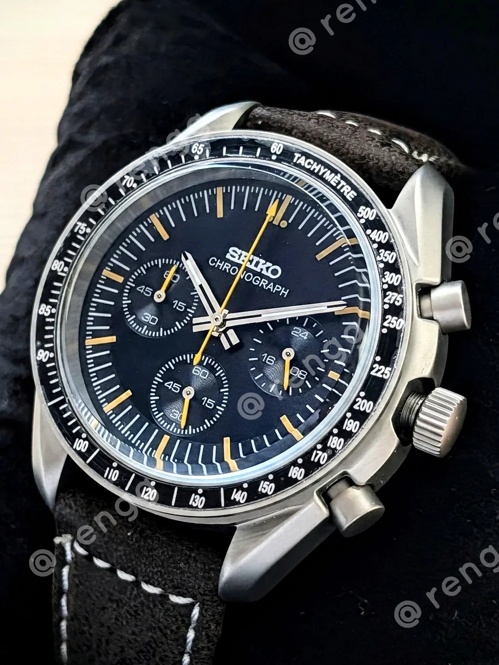 40mm Titanium Seiko Chronograph Black Dial Mod Watch with Brown Strap